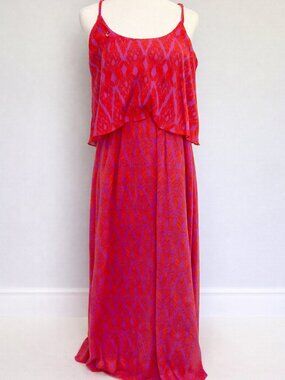 Boho Hot Pink & Red Ikat Print Maxi Dress | Flowy Layered | Size M